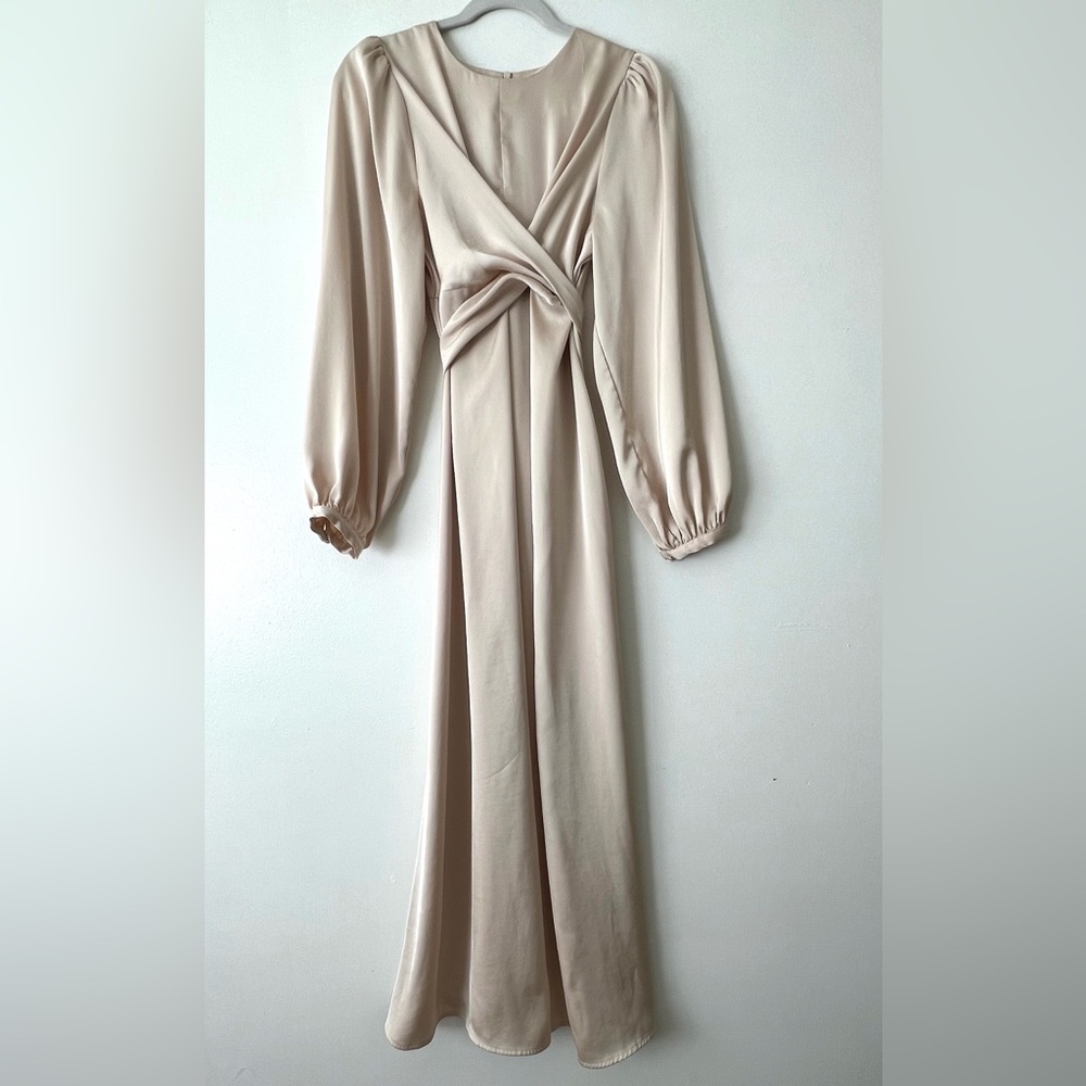 Elegant cream long satin sleeve dress